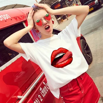 2020 Nova modna majica s kratkimi rokavi Ženske Seksi ustnice ljubezen, tiskanje Tshirt Harajuku Tanke Oddelek Beli Vrhovi Ženska T-shirt Kratek rokav obleka