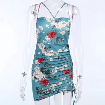 Hugcitat 2020 brez rokavov cvetlični backless povoj seksi mini obleka za poletje ženske modni ulične opreme ruched sundress