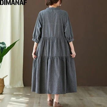 DIMANAF Plus Velikost Ženske obleke Jeseni Letnik Priložnostne Ohlapno Nagubano A-Line Lady Vestidos Bombaž Maxi Obleka Ženska Obleka 2021
