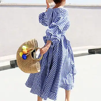 Vintage Elegantna Poletje Jesen Obleka Ženske 2020 Ženska Plus Velikost Kariran Plaži Korejski Stil Pas, Objemala Sundress Vestido De Mujer
