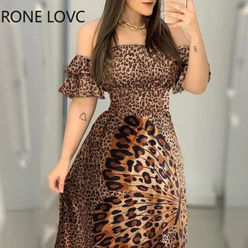 Ženske Off Ramenski Cheetah Metulja Print Maxi Obleko Priložnostne Obleko Eleganten Modni Elegantna Obleka