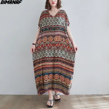 DIMANAF 2021 Moda Plus Velikost Ženske obleke Plaži Poletje Sundress Print Maxi Obleko Bohemian Lady Vestidos Svoboden Priložnostne Dolgo Obleko