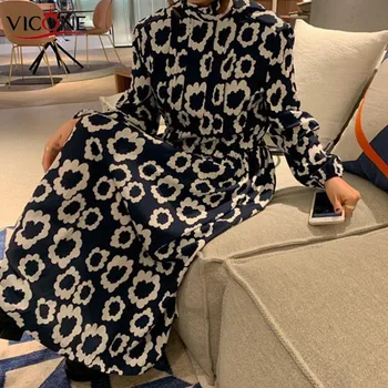 VICONE Elegantno Vintage Stil 2020 Novo Pomlad Poletje Tiskanje Obleko Midi Obleko Vestidos