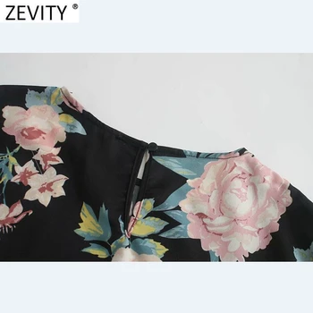 Zevity Novo 2021 Ženske Vintage O Vratu Cvjetnim Tiskanja Pleat Ruffles Mini Obleka Ženske tričetrt Rokav Elegantna Stranke Vestido DS5040