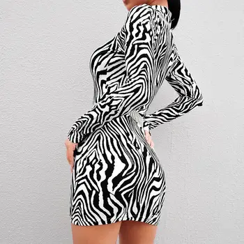 Ženske Mini Obleka 2019 Jeseni Dolg Rokav Bodycon Športna Pomlad Hujšanje Zebra Vzorec Tiskanja Elegantno Temperament Kakovosti Obleke