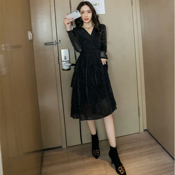 2019 Prišlekov Obleke, Vroče Prodaje Ženske Modni Dolg Rokav Korejskem Slogu Vitek Pas Črne Očesa Bleščice Plast Bling Obleko