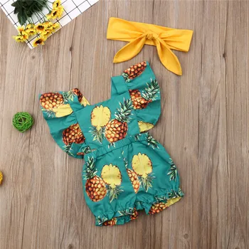 Poletje Novorojenega Dojenčka Baby Dekle Obleko Lepo Ruffle Ananas Tiskanja Romper Glavo Jumpsuit Obleko Sunsuit 2PCS Set
