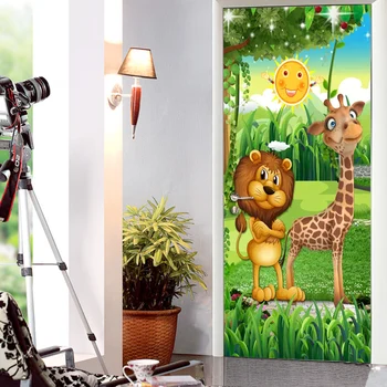 3D Gozd Cartoon Živali Lev Žirafa Otrok Sobi, Otroški Sobi, Spalnico, Vrata Dekoracijo Nalepke Steno stensko Ozadje Samolepilni
