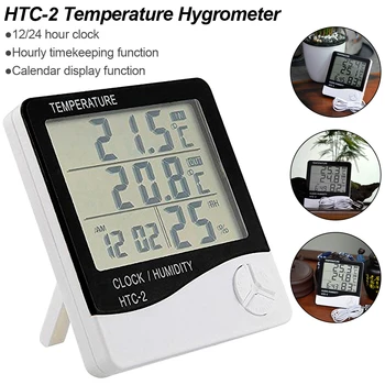 1pc LCD Elektronski Digitalni Temperatura Vlažnost Meter v Zaprtih prostorih Zunanji Termometer, Higrometer Vremenske Postaje Ure HTC-2