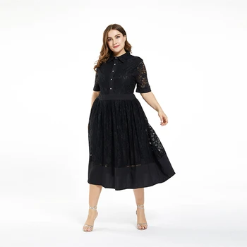 Nova Moda Plus Velikost Ženske Elegantno Prilegajo Kratek Sleeved Mid-Dolžina Šivanje Čipke Temperament Obleko Poletje Jesen Nov Design