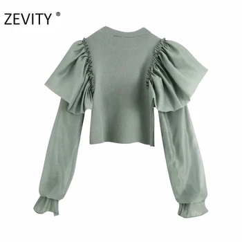 Zevity Nove Ženske modni naguban ruffles organza mozaik pletenje delavska bluzo rokavi ženske priložnostne femininas blusas vrhovi LS7200