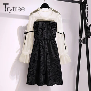 Trytree 2020 Pomlad Jesen Obleka Ženske Priložnostne Proti-vrat A-linijo Modnih Letnik Mozaik Očesa Elegantno Temperament Mini Obleka