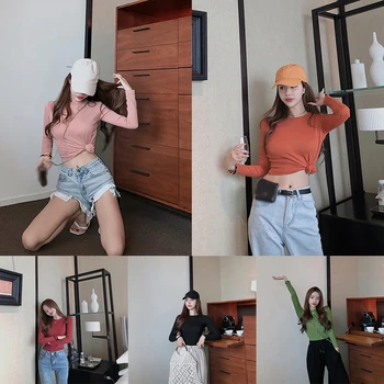 Korejski Slog Romana Chic Slim Barva Ženske Vrhovi Modni Vse-tekmo Krog Vratu Dolg Rokav T-majice