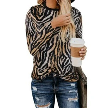Moda za Ženske T-shirt Krog Vratu Elegantna Srajca Seksi Leopard Zebra Natisne Majica z Dolgimi rokavi Top Femme