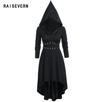 2020 Gothic Obleka Ženske Noše, Temno Črno Goth Dress Vintage Puloverju Nezakonitih Naguban Dolgo Obleko Vestido Dropship s Kapuco