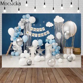 Mocsicka Happy Birthday Balon Na Vroč Zrak Zvezde Fotografija Ozadje Avto Modro Steno Ozadje Otroka Foto Okras Rekviziti Studio