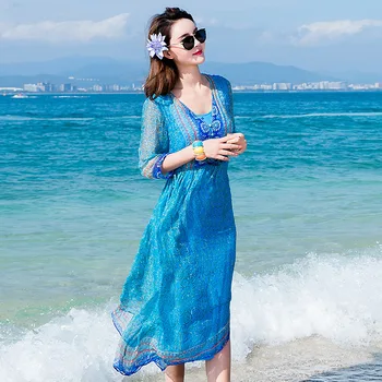 2020 Pravi Svileno Obleko Ženske Poletje Plažo, Obleke, Bohemian Midi korejske Modne Obleke za Ženske, Modro Vestidos Largos 9926 KJ4594