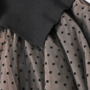 Fitaylor 2020 Nove Jesensko Ženske Pletene Til Mozaik Obleke Eleganten Dolg Rokav Polka Dot Linije Black Ženske Obleke
