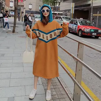 Dolg Rokav Obleka Ženske Svoboden, Pade Toplo Vseh tekmo v korejskem Slogu Midi Zadebelitev Vrečasta Plus Velikost 4XL Najnovejši Osnovne Mozaik Oranžna