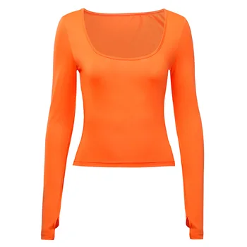 Toplook Neon Oranžna T-majice Trdna Slim Vrhovi Dolg Rokav Jeseni, Pozimi Ulične Bodycon Priložnostne Stranka Obleke, O-vratu Oblačila