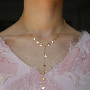 Zlato barvo dolgo lariat verige mini kup star povezavo verige visoko poliranje star čar obesek Y ženske seksi modni nakit ogrlica