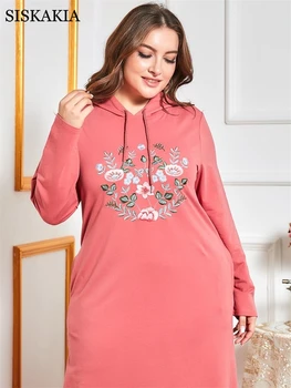Siskakia Dolgo Hooded Majica Obleko za Ženske Jesen Zima 2020 Sladko Roza Ruffle Robom Vezenino Muslimanskih arabski Oblačila