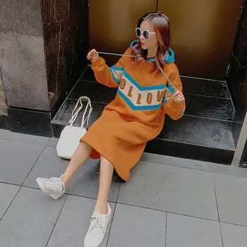 Dolg Rokav Obleka Ženske Svoboden, Pade Toplo Vseh tekmo v korejskem Slogu Midi Zadebelitev Vrečasta Plus Velikost 4XL Najnovejši Osnovne Mozaik Oranžna