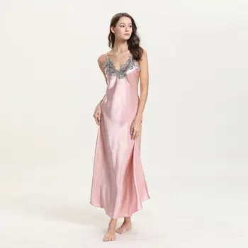 Simulacija svileno obleko noč žensk čipke seksi Proti-vrat dolgih trakov nightdress obleko domov storitev noč obleke